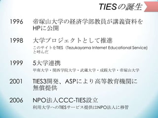 TIESの誕生
1996

帝塚山大学の経済学部教員が講義資料を
HPに公開

1998

大学プロジェクトとして推進
このサイトをTIES（Tezukayama Internet Educational Service)
と呼んだ

1999...