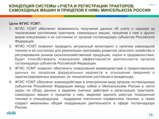 КОНЦЕПЦИЯ СИСТЕМЫ «УЧЕТА И РЕГИСТРАЦИИ ТРАКТОРОВ,
САМОХОДНЫХ МАШИН И ПРИЦЕПОВ К НИМ» МИНСЕЛЬХОЗА РОССИИ
15
Цели ФГИС УСМТ:
1.  ФГИС УСМТ обеспечит возможность получения данных об учете и надзоре за
техническим состоянием тракторов, самоходных машин, прицепов к ним и других
видов спецтехники и их состоянии от органов гостехнадзора субъектов Российской
Федерации.
2.  ФГИС УСМТ позволит проводить актуальный мониторинг о наличии самоходной
техники и ее состоянии для реализации программы развития сельского хозяйства и
регулирования рынков сельскохозяйственной продукции, сырья и продовольствия,
будет способствовать повышению эффективности деятельности органов
гостехнадзора субъектов Российской Федерации.
3.  ФГИС УСМТ позволит обеспечить оперативное взаимодействие и предоставление
данных по запросам федеральных ведомств в отношении сведений о
зарегистрированных машинах, их техническом состоянии и владельцах.
4.  ФГИС УСМТ обеспечит взаимодействие в электронном виде органов гостехнадзора
субъектов Российской Федерации между собой и Минсельхозом России в части
задач по сбору данных о ведении учетных действий и регистрации тракторов,
самоходных машин и прицепов к ним, ведению единого реестра похищенной
техники и спецпродукции, поддержки эталонного справочника техники, а также
создаст механизмы общей координации деятельности в сфере гостехнадзора
России.
 