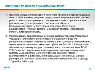 ПОРУЧЕНИЯ ПО ИТОГАМ ПРАВКОМИССИИ ПО ИТ
29
1.  Признать успешным проведение пилотного проекта по передаче данных
через СМЭВ в рамках создания федеральной информационной системы
учета и регистрации тракторов, самоходных машин и прицепов к ним с
участием следующих регионов: Воронежская область,
Волгоградская область, Республика Татарстан, Республика
Башкортостан, Тульская область, Самарская область, Ярославская
область, Кировская область.
2.  Рекомендовать органам исполнительной власти субъектов Российской
Федерации, ответственным за создание и функционирование
региональных систем межведомственного электронного взаимодействия,
совместно с органами гостехнадзора субъектов Российской Федерации
обеспечить установку модуля транзакционного взаимодействия ФГИС
УСМТ с целью подключения и тестирования передачи данных через
систему межведомственного электронного взаимодействия и
взаимодействия с федеральной информационной системы учета и
регистрации тракторов, самоходных машин и прицепов к ним в срок до
17 декабря 2014 года.
 