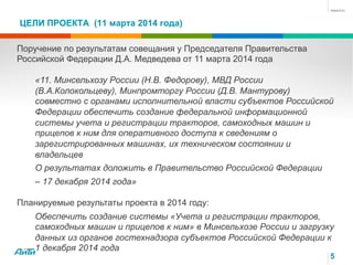 ЦЕЛИ ПРОЕКТА (11 марта 2014 года)
5
Поручение по результатам совещания у Председателя Правительства
Российской Федерации Д.А. Медведева от 11 марта 2014 года
«11. Минсельхозу России (Н.В. Федорову), МВД России
(В.А.Колокольцеву), Минпромторгу России (Д.В. Мантурову)
совместно с органами исполнительной власти субъектов Российской
Федерации обеспечить создание федеральной информационной
системы учета и регистрации тракторов, самоходных машин и
прицепов к ним для оперативного доступа к сведениям о
зарегистрированных машинах, их техническом состоянии и
владельцев
О результатах доложить в Правительство Российской Федерации
– 17 декабря 2014 года»
Планируемые результаты проекта в 2014 году:
Обеспечить создание системы «Учета и регистрации тракторов,
самоходных машин и прицепов к ним» в Минсельхозе России и загрузку
данных из органов гостехнадзора субъектов Российской Федерации к
1 декабря 2014 года
 