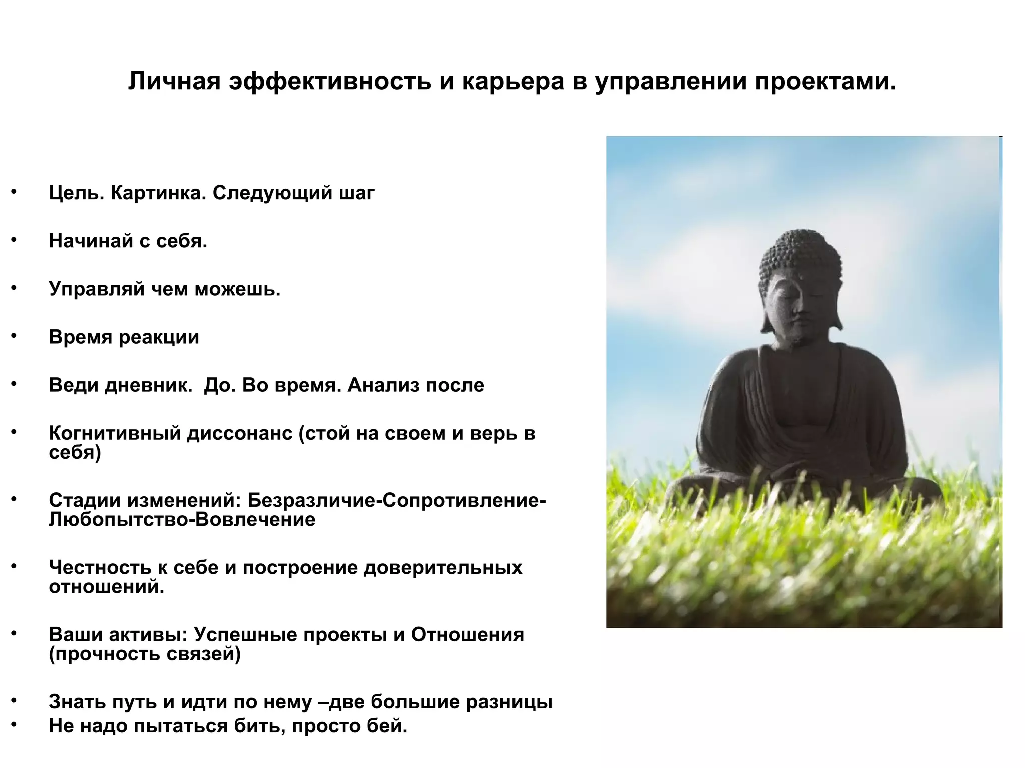 Личная эффективность и карьера в управлении проектами. Цель. Картинка. Следующий шаг Начинай с себя. Управляй чем можешь. Время реакции Веди дневник.  До. Во время. Анализ после Когнитивный диссонанс (стой на своем и верь в себя) Стадии изменений :  Безразличие-Сопротивление-Любопытство-Вовлечение Честность к себе и построение доверительных отношений. Ваши активы: Успешные проекты и Отношения (прочность связей) Знать путь и идти по нему –две большие разницы Не надо пытаться бить, просто бей. 
