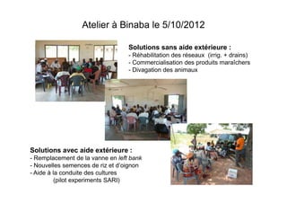 Atelier à Binaba le 5/10/2012
Solutions sans aide extérieure :
- Réhabilitation des réseaux (irrig. + drains)
- Commercialisation des produits maraîchers
- Divagation des animaux

Solutions avec aide extérieure :
- Remplacement de la vanne en left bank
- Nouvelles semences de riz et d’oignon
- Aide à la conduite des cultures
(pilot experiments SARI)

 