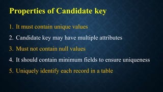 Properties of Candidate key
1. It must contain unique values
2. Candidate key may have multiple attributes
3. Must not contain null values
4. It should contain minimum fields to ensure uniqueness
5. Uniquely identify each record in a table
 