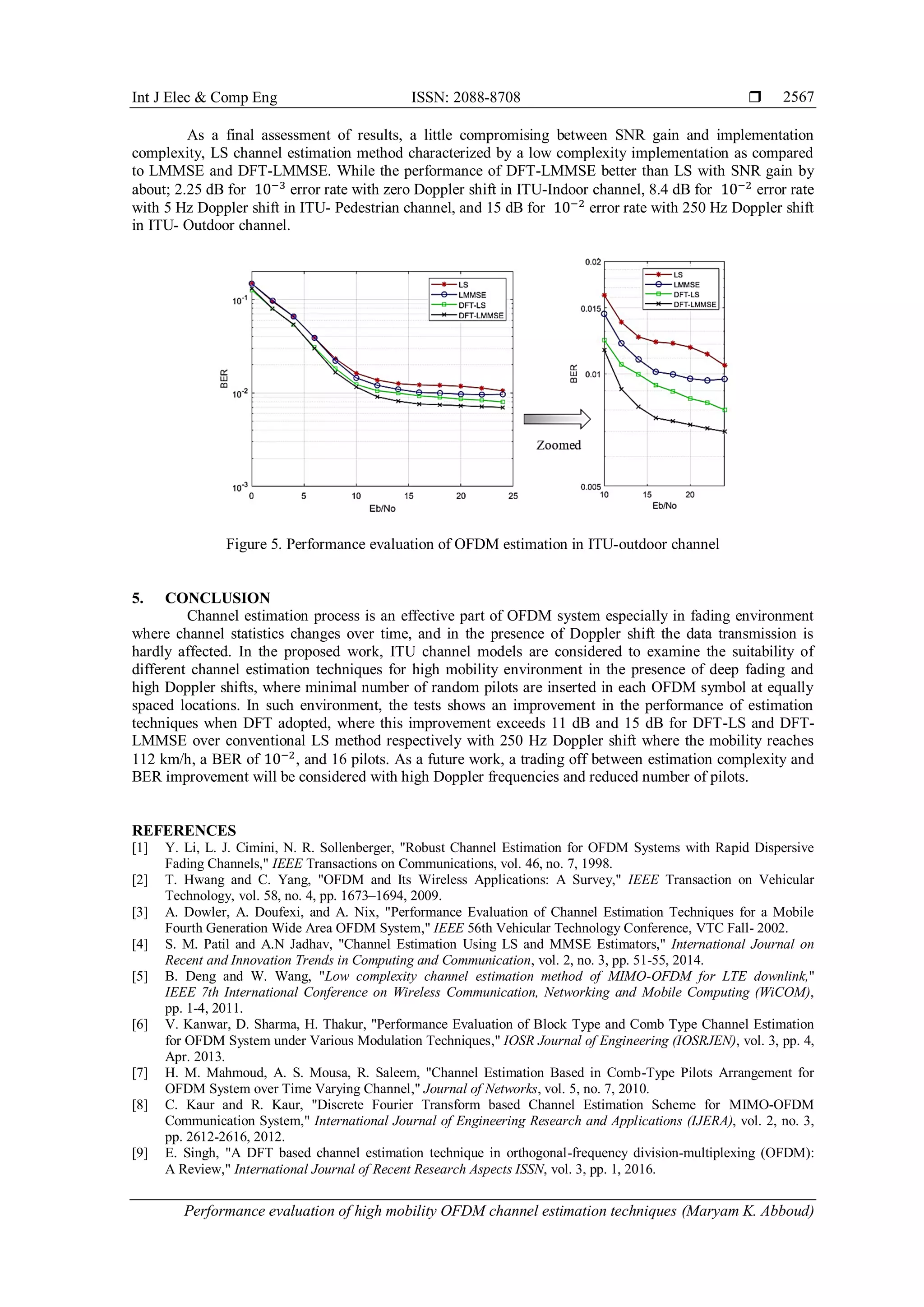 Int J Elec & Comp Eng ISSN: 2088-8708 
Performance evaluation of high mobility OFDM channel estimation techniques (Maryam K. Abboud)
2567
As a final assessment of results, a little compromising between SNR gain and implementation
complexity, LS channel estimation method characterized by a low complexity implementation as compared
to LMMSE and DFT-LMMSE. While the performance of DFT-LMMSE better than LS with SNR gain by
about; 2.25 dB for 10−3
error rate with zero Doppler shift in ITU-Indoor channel, 8.4 dB for 10−2
error rate
with 5 Hz Doppler shift in ITU- Pedestrian channel, and 15 dB for 10−2
error rate with 250 Hz Doppler shift
in ITU- Outdoor channel.
Figure 5. Performance evaluation of OFDM estimation in ITU-outdoor channel
5. CONCLUSION
Channel estimation process is an effective part of OFDM system especially in fading environment
where channel statistics changes over time, and in the presence of Doppler shift the data transmission is
hardly affected. In the proposed work, ITU channel models are considered to examine the suitability of
different channel estimation techniques for high mobility environment in the presence of deep fading and
high Doppler shifts, where minimal number of random pilots are inserted in each OFDM symbol at equally
spaced locations. In such environment, the tests shows an improvement in the performance of estimation
techniques when DFT adopted, where this improvement exceeds 11 dB and 15 dB for DFT-LS and DFT-
LMMSE over conventional LS method respectively with 250 Hz Doppler shift where the mobility reaches
112 km/h, a BER of 10−2
, and 16 pilots. As a future work, a trading off between estimation complexity and
BER improvement will be considered with high Doppler frequencies and reduced number of pilots.
REFERENCES
[1] Y. Li, L. J. Cimini, N. R. Sollenberger, "Robust Channel Estimation for OFDM Systems with Rapid Dispersive
Fading Channels," IEEE Transactions on Communications, vol. 46, no. 7, 1998.
[2] T. Hwang and C. Yang, "OFDM and Its Wireless Applications: A Survey," IEEE Transaction on Vehicular
Technology, vol. 58, no. 4, pp. 1673–1694, 2009.
[3] A. Dowler, A. Doufexi, and A. Nix, "Performance Evaluation of Channel Estimation Techniques for a Mobile
Fourth Generation Wide Area OFDM System," IEEE 56th Vehicular Technology Conference, VTC Fall- 2002.
[4] S. M. Patil and A.N Jadhav, "Channel Estimation Using LS and MMSE Estimators," International Journal on
Recent and Innovation Trends in Computing and Communication, vol. 2, no. 3, pp. 51-55, 2014.
[5] B. Deng and W. Wang, "Low complexity channel estimation method of MIMO-OFDM for LTE downlink,"
IEEE 7th International Conference on Wireless Communication, Networking and Mobile Computing (WiCOM),
pp. 1-4, 2011.
[6] V. Kanwar, D. Sharma, H. Thakur, "Performance Evaluation of Block Type and Comb Type Channel Estimation
for OFDM System under Various Modulation Techniques," IOSR Journal of Engineering (IOSRJEN), vol. 3, pp. 4,
Apr. 2013.
[7] H. M. Mahmoud, A. S. Mousa, R. Saleem, "Channel Estimation Based in Comb-Type Pilots Arrangement for
OFDM System over Time Varying Channel," Journal of Networks, vol. 5, no. 7, 2010.
[8] C. Kaur and R. Kaur, "Discrete Fourier Transform based Channel Estimation Scheme for MIMO-OFDM
Communication System," International Journal of Engineering Research and Applications (IJERA), vol. 2, no. 3,
pp. 2612-2616, 2012.
[9] E. Singh, "A DFT based channel estimation technique in orthogonal-frequency division-multiplexing (OFDM):
A Review," International Journal of Recent Research Aspects ISSN, vol. 3, pp. 1, 2016.
 