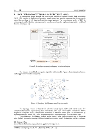  ISSN: 2088-8708
Int J Elec & Comp Eng, Vol. 8, No. 1, February 2018 : 326 – 332
328
4. BACK PROPAGATION NETWORK AS A CONNECTIONIST MODEL
In connectionist neural network, the most popular method of learning is called Back propagation
(BPN) [12]. Learning in feed-forward networks usually supervised learning, meaning that the network is
trained by providing it with input and matching output patterns. The computational ability of BPN in
optimizing diversified decision making scenarios has also paved way for implementing cognitive models of
decision making [13-15].
Schema
(Context, Action
& Results)
Identify
Decision Goal
Search Alternatives
A
Search Criteria
C
Quantify A Quantify C
Evaluate
Adequacy of A
Evaluate
Adequacy of C
Select Decision
d
Evaluate
Satisfaction of d
New SchemaSensory Motor Memory
SchemaNet
(Procedural Memory)
SlipNet
(Perceptual Associative
Memory)
BehaviourNet
(Action Selection)
Environment
N N
Y
N
Y
Figure 2. Symbolic representational model of action-selection
The standard form of back propagation algorithm is illustrated in Figure 3. Its computational phases
are being presented here for more clarity.
Y1
Z1
X1
Yk
Zj
Xi
Ym
Zp
Xn Input
Hidden
Output
V11 V1j
V1p Vi1
Vij
Vip Vn1
Vnj
Vnp
W1k
W1m Wj1
Wjk
Wjm Wp1
Wpk
Wpm
W11
1
1
Vo1
Voj
Vop
Wo1
Wok
Wom
Figure 3. Multilayer feed forward neural Network model
The topology consists of three layers of units namely input, hidden and output layers. The
connections between the layers feeding their inputs to the other layer with weighted connections. All the
weights are changeable in such a way to learn the network to obtain the desired goal. The network learns by
adjusting its weights until to find a set of weights that produce the correct output for every further input.
On considering a feed forward network with n input (i) units, p hidden (j) units and m output (k)
units, the back propagation training will be performed in two phases namely forward pass and backward pass.
4.1. Forward Pass
One of the set of n training input patterns is applied to the input layer.
 