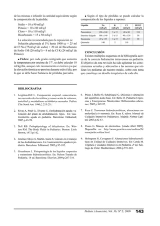 Pediatr. (Asunción), Vol. 36; Nº 2; 2009 143
de las mismas e infundir la cantidad equivalente según
la composición de la pérdida:
Sodio = 10 a 90 mEq/l
Potasio = 10 a 80 mEq/l
Cloro = 10 a 110 mEq/l
Bicarbonato = 15 a 50 mEq/l
La solución recomendada para la reposición es:
Solución glucosada al 5% hasta 1000 cc + 25 ml
de Cl Na (75mEq/l de sodio) + 20 ml de Bicarbonato
de Sodio 1M (20 mEq/l) + 8 ml de Cl K (24 mEq/l de
Potasio).
Fiebre: por cada grado centígrado que aumenta
la temperatura por encima de 37º, se debe calcular 10
ml/kg/día, aunque este razonamiento es teórico ya que
la elevación térmica no persiste durante todo el día, por
lo que se debe hacer balances de pérdidas parciales.
Según el tipo de pérdidas se puede calcular la
composición de los líquidos a reponer:
CONCLUSIÓN
Existen múltiples esquemas en la bibliografía acer-
ca de la correcta hidratación intravenosa en pediatría.
El objetivo de esta revisión ha sido aglutinar los cono-
cimientos actuales y adecuarlas a las normas que uti-
lizan los pediatras de nuestro medio, sobre este tema
que constituye un desafío terapéutico de cada día.
Líquido	 Na 	 K	 Cl	 HCO3
	 (mEq/l)	 (mEq/l)	 (mEq/l)	 (mEq/l)
Pancreático	 120 a 140	 5 a 15	 40 a 80	 110
Intestino delgado	 100 a 140	 5 a 15	 90 a 130	 30
Ileostomía	 45 a 135	 3 a 15	 20 a 115	 30
Quemado	 140	 5	 110	
BIBLIOGRAFÍAS
1.	 Leighton-Hill L. Composición corporal, concentracio-
nes normales de electrólitos y conservación de volumen,
tonicidad y metabolismo acidobásico normales. Pediatr
Clin North Am. 1990;2:233-251.
2.	 Rivas A, Pinel G, Álvarez G. Deshidratación aguda: va-
loración del grado de deshidratación- tipos. En: Gas-
troenteritis aguda en pediatría. Barcelona: Edikamed;
2005.p.63-70.
3.	 Dell RB. Pathophysiology of dehydration. En: Win-
ters RM. The Body Fluids in Pediatrics. Boston: Little
Brown; 1973.p.142.
4.	 Jiménez-Moya A, Martín-Acera S. Calculo en el manejo
de las deshidrataciones. En: Gastroenteritis aguda en pe-
diatría. Barcelona: Edikamed; 2005.p.95-103.
5.	 Greenbaum L. Fisiopatología de los líquidos corporales
y tratamiento hidroelectrolítico. En: Nelson Tratado de
Pediatría. 18 ed. Barcelona: Elsevier; 2009.p.267-316.
6.	 Prego J, Belllo O, Sehabiague G. Disionias y alteración
del equilibrio ácido-base. En: Bello O. Pediatría Urgen-
cias y Emergencias. Montevideo: Bibliomedica edicio-
nes; 2002.p.367-97.
7.	 Ruza F. Trastornos hidroelectrolíticos, alteraciones os-
molaridad y/o natremia. En: Ruza F, editor. Manual de
Cuidados Intensivos Pediátricos. Madrid: Norma Capi-
tel; 2003.p.82-87.
8.	 Flores G. Manejo de electrolitos. [citado Abril 2009].
Disponible en: http://www.geocities.com/medicos76/
manejoelectrolitos.html.
9.	 Holmgrem N, Cavagnaro F. Alteraciones hidroelectrolí-
ticas en Unidad de Cuidados Intensivos. En: Cerda M.
Urgencia y cuidados Intensivos en Pediatría. 2ª ed. San-
tiago de Chile: Mediterráneo; 2006.p.591-603.
 