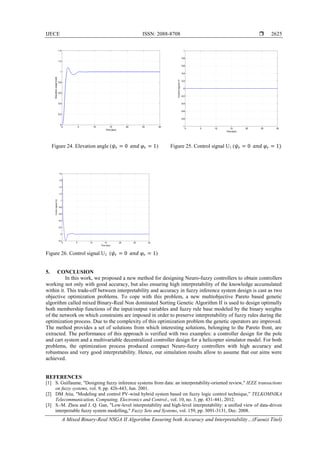 IJECE ISSN: 2088-8708 
A Mixed Binary-Real NSGA II Algorithm Ensuring both Accuracy and Interpretability…(Faouzi Titel)
2625
Figure 24. Elevation angle (𝜓𝑟 = 0 𝑎𝑛𝑑 𝜑𝑟 = 1) Figure 25. Control signal U1 (𝜓𝑟 = 0 𝑎𝑛𝑑 𝜑𝑟 = 1)
Figure 26. Control signal U2 (𝜓𝑟 = 0 𝑎𝑛𝑑 𝜑𝑟 = 1)
5. CONCLUSION
In this work, we proposed a new method for designing Neuro-fuzzy controllers to obtain controllers
working not only with good accuracy, but also ensuring high interpretability of the knowledge accumulated
within it. This trade-off between interpretability and accuracy in fuzzy inference system design is cast as two
objective optimization problems. To cope with this problem, a new multiobjective Pareto based genetic
algorithm called mixed Binary-Real Non dominated Sorting Genetic Algorithm II is used to design optimally
both membership functions of the input/output variables and fuzzy rule base modeled by the binary weights
of the network on which constraints are imposed in order to preserve interpretability of fuzzy rules during the
optimization process. Due to the complexity of this optimization problem the genetic operators are improved.
The method provides a set of solutions from which interesting solutions, belonging to the Pareto front, are
extracted. The performance of this approach is verified with two examples: a controller design for the pole
and cart system and a multivariable decentralized controller design for a helicopter simulator model. For both
problems, the optimization process produced compact Neuro-fuzzy controllers with high accuracy and
robustness and very good interpretability. Hence, our simulation results allow to assume that our aims were
achieved.
REFERENCES
[1] S. Guillaume, "Designing fuzzy inference systems from data: an interpretability-oriented review," IEEE transactions
on fuzzy systems, vol. 9, pp. 426-443, Jun. 2001.
[2] DM Atia, "Modeling and control PV-wind hybrid system based on fuzzy logic control technique,” TELKOMNIKA
Telecommunication, Computing, Electronics and Control., vol. 10, no. 3, pp. 431-441, 2012.
[3] S.-M. Zhou and J. Q. Gan, "Low-level interpretability and high-level interpretability: a unified view of data-driven
interpretable fuzzy system modelling," Fuzzy Sets and Systems, vol. 159, pp. 3091-3131, Dec. 2008.
 