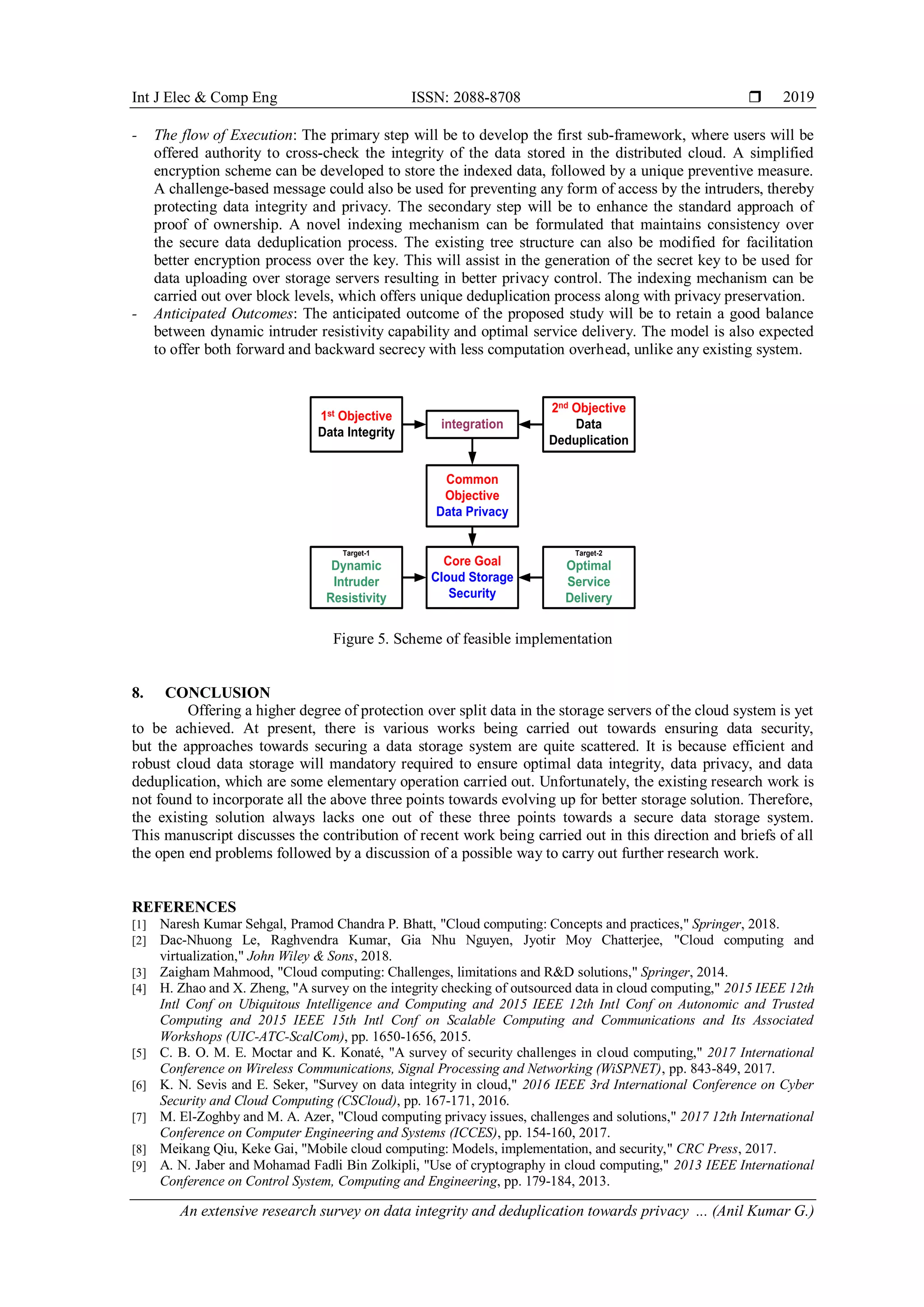 Int J Elec & Comp Eng ISSN: 2088-8708 
An extensive research survey on data integrity and deduplication towards privacy ... (Anil Kumar G.)
2019
- The flow of Execution: The primary step will be to develop the first sub-framework, where users will be
offered authority to cross-check the integrity of the data stored in the distributed cloud. A simplified
encryption scheme can be developed to store the indexed data, followed by a unique preventive measure.
A challenge-based message could also be used for preventing any form of access by the intruders, thereby
protecting data integrity and privacy. The secondary step will be to enhance the standard approach of
proof of ownership. A novel indexing mechanism can be formulated that maintains consistency over
the secure data deduplication process. The existing tree structure can also be modified for facilitation
better encryption process over the key. This will assist in the generation of the secret key to be used for
data uploading over storage servers resulting in better privacy control. The indexing mechanism can be
carried out over block levels, which offers unique deduplication process along with privacy preservation.
- Anticipated Outcomes: The anticipated outcome of the proposed study will be to retain a good balance
between dynamic intruder resistivity capability and optimal service delivery. The model is also expected
to offer both forward and backward secrecy with less computation overhead, unlike any existing system.
Common
Objective
Data Privacy
2nd Objective
Data
Deduplication
1st Objective
Data Integrity
integration
Core Goal
Cloud Storage
Security
Target-1
Dynamic
Intruder
Resistivity
Target-2
Optimal
Service
Delivery
Figure 5. Scheme of feasible implementation
8. CONCLUSION
Offering a higher degree of protection over split data in the storage servers of the cloud system is yet
to be achieved. At present, there is various works being carried out towards ensuring data security,
but the approaches towards securing a data storage system are quite scattered. It is because efficient and
robust cloud data storage will mandatory required to ensure optimal data integrity, data privacy, and data
deduplication, which are some elementary operation carried out. Unfortunately, the existing research work is
not found to incorporate all the above three points towards evolving up for better storage solution. Therefore,
the existing solution always lacks one out of these three points towards a secure data storage system.
This manuscript discusses the contribution of recent work being carried out in this direction and briefs of all
the open end problems followed by a discussion of a possible way to carry out further research work.
REFERENCES
[1] Naresh Kumar Sehgal, Pramod Chandra P. Bhatt, "Cloud computing: Concepts and practices," Springer, 2018.
[2] Dac-Nhuong Le, Raghvendra Kumar, Gia Nhu Nguyen, Jyotir Moy Chatterjee, "Cloud computing and
virtualization," John Wiley & Sons, 2018.
[3] Zaigham Mahmood, "Cloud computing: Challenges, limitations and R&D solutions," Springer, 2014.
[4] H. Zhao and X. Zheng, "A survey on the integrity checking of outsourced data in cloud computing," 2015 IEEE 12th
Intl Conf on Ubiquitous Intelligence and Computing and 2015 IEEE 12th Intl Conf on Autonomic and Trusted
Computing and 2015 IEEE 15th Intl Conf on Scalable Computing and Communications and Its Associated
Workshops (UIC-ATC-ScalCom), pp. 1650-1656, 2015.
[5] C. B. O. M. E. Moctar and K. Konaté, "A survey of security challenges in cloud computing," 2017 International
Conference on Wireless Communications, Signal Processing and Networking (WiSPNET), pp. 843-849, 2017.
[6] K. N. Sevis and E. Seker, "Survey on data integrity in cloud," 2016 IEEE 3rd International Conference on Cyber
Security and Cloud Computing (CSCloud), pp. 167-171, 2016.
[7] M. El-Zoghby and M. A. Azer, "Cloud computing privacy issues, challenges and solutions," 2017 12th International
Conference on Computer Engineering and Systems (ICCES), pp. 154-160, 2017.
[8] Meikang Qiu, Keke Gai, "Mobile cloud computing: Models, implementation, and security," CRC Press, 2017.
[9] A. N. Jaber and Mohamad Fadli Bin Zolkipli, "Use of cryptography in cloud computing," 2013 IEEE International
Conference on Control System, Computing and Engineering, pp. 179-184, 2013.
 