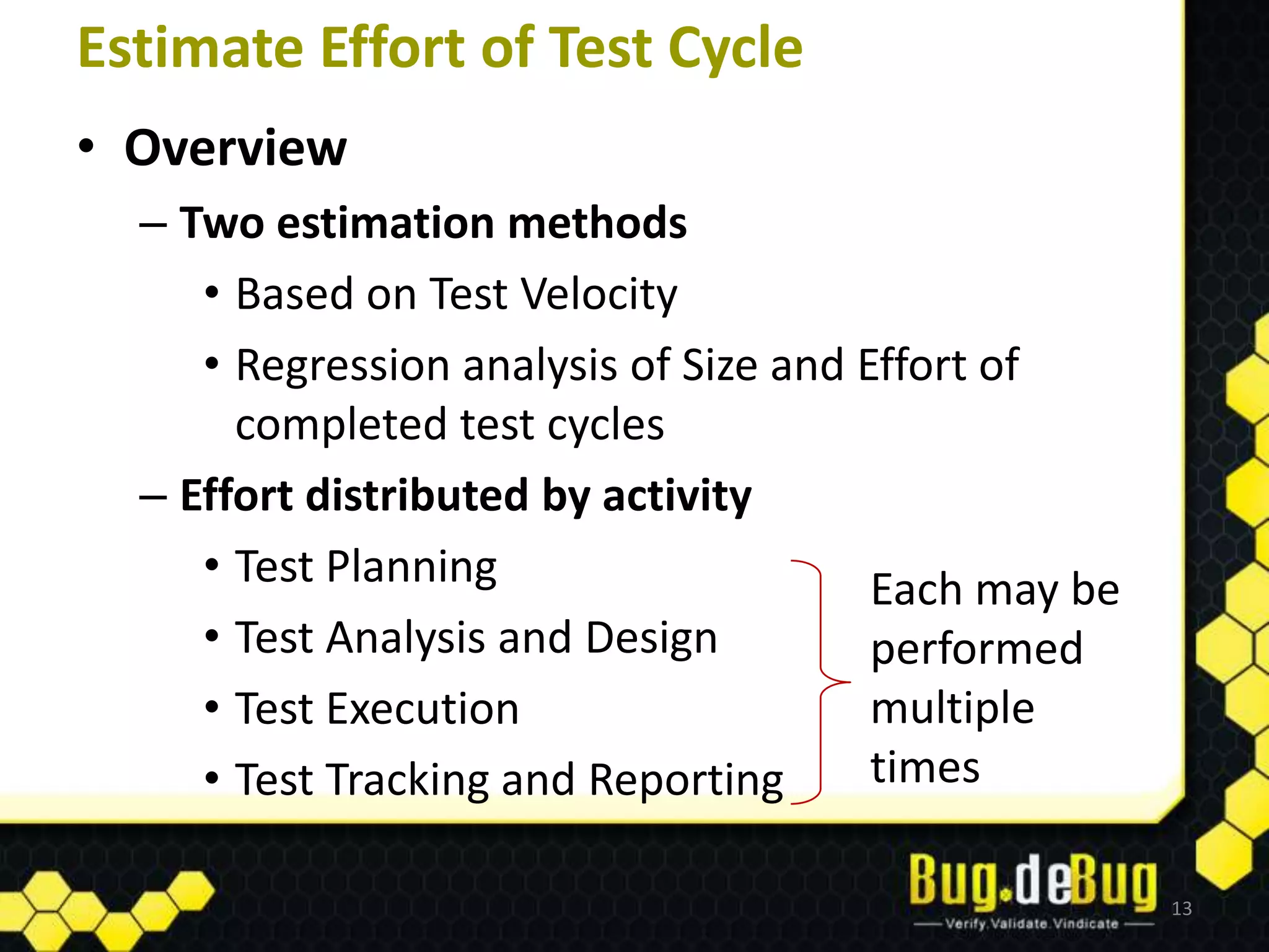 Estimate Effort of Test Cycle
• Overview
  – Two estimation methods
     • Based on Test Velocity
     • Regression analysis of Size and Effort of
       completed test cycles
  – Effort distributed by activity
     • Test Planning                    Each may be
     • Test Analysis and Design         performed
     • Test Execution                   multiple
     • Test Tracking and Reporting      times

                                                      13
 