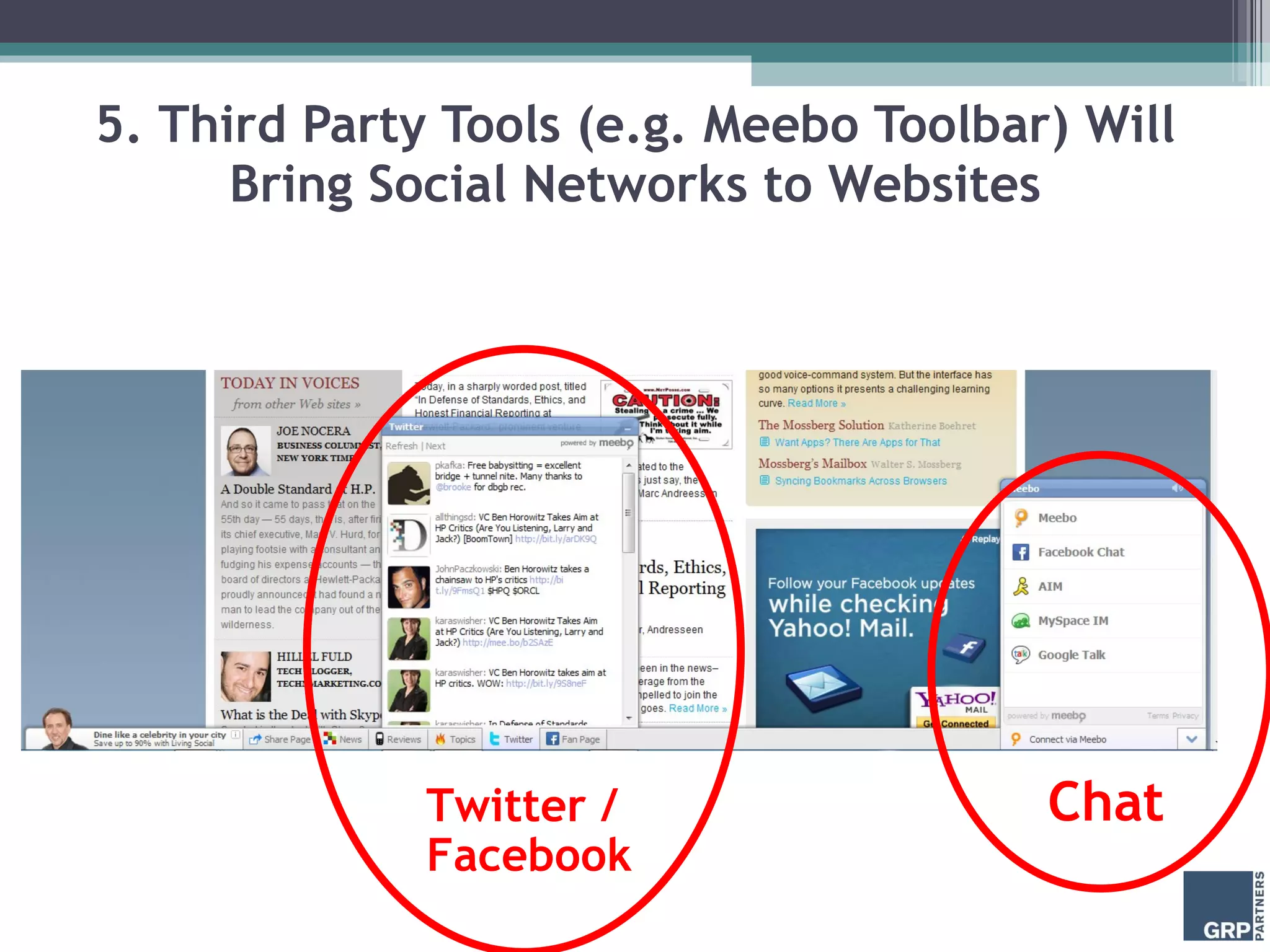 5. Third Party Tools (e.g. Meebo Toolbar) Will Bring Social Networks to Websites Twitter /  Facebook Chat 