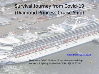 Survival Journey from Covid-19
(Diamond Princess Cruise Ship)
They found COVID 19 virus 17days after emptied ship.
We are still fighting hard with COVID-19(3.25.2020)
News from FEb. 4, 2020
 