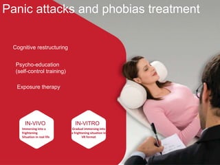 Cognitive restructuring
Psycho-education
(self-control training)
Panic attacks and phobias treatment
Exposure therapy
IN-V...