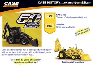 CASE HISTORY….example on SSLs..


                                                      CASE 320
                                              1957    The world’s first purpose built unit


                                                      500,000
                                              2007    Units sold worldwide
                                                                                               in d
                                                                                            beh !!!
                                                                                     t il l     s
                                                                                 is s 0 unit
                                                                           JC B 00, 00
                                                                            at 4




Case Loader Backhoe has a strong and proud legacy
with a heritage that began with a dedicated tractor
loader backhoe introduced in 1957.

         More than 53 years of excellent
           experience and history !!                        Tradition & Innovation
 