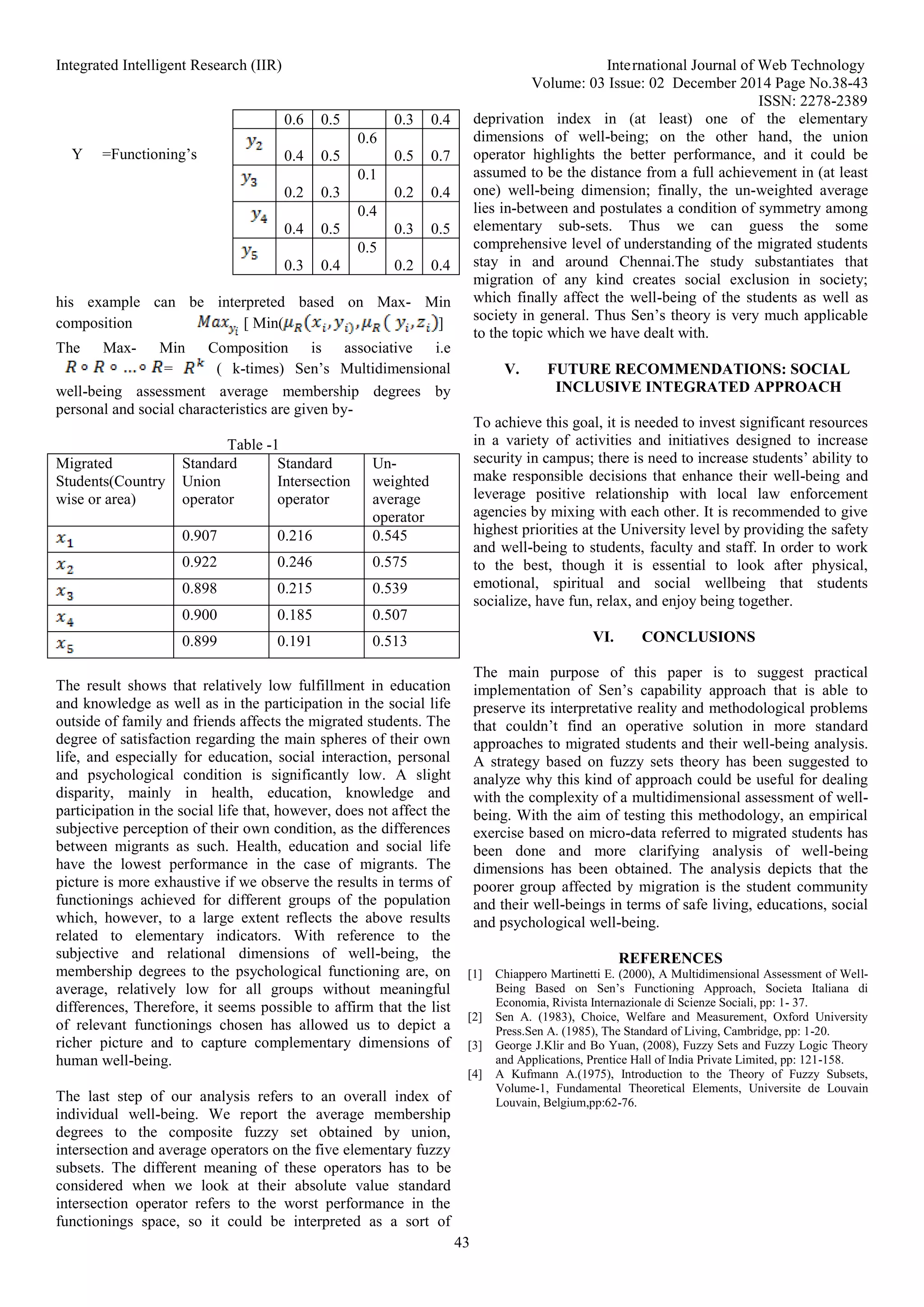 Integrated Intelligent Research (IIR) International Journal of Web Technology
Volume: 03 Issue: 02 December 2014 Page No.38-43
ISSN: 2278-2389
43
0.6 0.5 0.3 0.4
0.4 0.5
0.6
0.5 0.7
0.2 0.3
0.1
0.2 0.4
0.4 0.5
0.4
0.3 0.5
0.3 0.4
0.5
0.2 0.4
his example can be interpreted based on Max- Min
composition [ Min( ]
The Max- Min Composition is associative i.e
= ( k-times) Sen’s Multidimensional
well-being assessment average membership degrees by
personal and social characteristics are given by-
Table -1
Migrated
Students(Country
wise or area)
Standard
Union
operator
Standard
Intersection
operator
Un-
weighted
average
operator
0.907 0.216 0.545
0.922 0.246 0.575
0.898 0.215 0.539
0.900 0.185 0.507
0.899 0.191 0.513
The result shows that relatively low fulfillment in education
and knowledge as well as in the participation in the social life
outside of family and friends affects the migrated students. The
degree of satisfaction regarding the main spheres of their own
life, and especially for education, social interaction, personal
and psychological condition is significantly low. A slight
disparity, mainly in health, education, knowledge and
participation in the social life that, however, does not affect the
subjective perception of their own condition, as the differences
between migrants as such. Health, education and social life
have the lowest performance in the case of migrants. The
picture is more exhaustive if we observe the results in terms of
functionings achieved for different groups of the population
which, however, to a large extent reflects the above results
related to elementary indicators. With reference to the
subjective and relational dimensions of well-being, the
membership degrees to the psychological functioning are, on
average, relatively low for all groups without meaningful
differences, Therefore, it seems possible to affirm that the list
of relevant functionings chosen has allowed us to depict a
richer picture and to capture complementary dimensions of
human well-being.
The last step of our analysis refers to an overall index of
individual well-being. We report the average membership
degrees to the composite fuzzy set obtained by union,
intersection and average operators on the five elementary fuzzy
subsets. The different meaning of these operators has to be
considered when we look at their absolute value standard
intersection operator refers to the worst performance in the
functionings space, so it could be interpreted as a sort of
deprivation index in (at least) one of the elementary
dimensions of well-being; on the other hand, the union
operator highlights the better performance, and it could be
assumed to be the distance from a full achievement in (at least
one) well-being dimension; finally, the un-weighted average
lies in-between and postulates a condition of symmetry among
elementary sub-sets. Thus we can guess the some
comprehensive level of understanding of the migrated students
stay in and around Chennai.The study substantiates that
migration of any kind creates social exclusion in society;
which finally affect the well-being of the students as well as
society in general. Thus Sen’s theory is very much applicable
to the topic which we have dealt with.
V. FUTURE RECOMMENDATIONS: SOCIAL
INCLUSIVE INTEGRATED APPROACH
To achieve this goal, it is needed to invest significant resources
in a variety of activities and initiatives designed to increase
security in campus; there is need to increase students’ ability to
make responsible decisions that enhance their well-being and
leverage positive relationship with local law enforcement
agencies by mixing with each other. It is recommended to give
highest priorities at the University level by providing the safety
and well-being to students, faculty and staff. In order to work
to the best, though it is essential to look after physical,
emotional, spiritual and social wellbeing that students
socialize, have fun, relax, and enjoy being together.
VI. CONCLUSIONS
The main purpose of this paper is to suggest practical
implementation of Sen’s capability approach that is able to
preserve its interpretative reality and methodological problems
that couldn’t find an operative solution in more standard
approaches to migrated students and their well-being analysis.
A strategy based on fuzzy sets theory has been suggested to
analyze why this kind of approach could be useful for dealing
with the complexity of a multidimensional assessment of well-
being. With the aim of testing this methodology, an empirical
exercise based on micro-data referred to migrated students has
been done and more clarifying analysis of well-being
dimensions has been obtained. The analysis depicts that the
poorer group affected by migration is the student community
and their well-beings in terms of safe living, educations, social
and psychological well-being.
REFERENCES
[1] Chiappero Martinetti E. (2000), A Multidimensional Assessment of Well-
Being Based on Sen’s Functioning Approach, Societa Italiana di
Economia, Rivista Internazionale di Scienze Sociali, pp: 1- 37.
[2] Sen A. (1983), Choice, Welfare and Measurement, Oxford University
Press.Sen A. (1985), The Standard of Living, Cambridge, pp: 1-20.
[3] George J.Klir and Bo Yuan, (2008), Fuzzy Sets and Fuzzy Logic Theory
and Applications, Prentice Hall of India Private Limited, pp: 121-158.
[4] A Kufmann A.(1975), Introduction to the Theory of Fuzzy Subsets,
Volume-1, Fundamental Theoretical Elements, Universite de Louvain
Louvain, Belgium,pp:62-76.
Y =Functioning’s
 