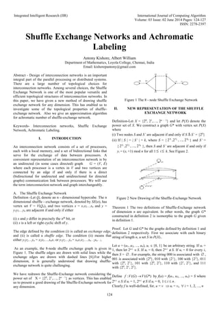 Integrated Intelligent Research (IIR) International Journal of Computing Algorithm
Volume: 03 Issue: 02 June 2014 Pages: 124-127
ISSN: 2278-2397
124
Shuffle Exchange Networks and Achromatic
Labeling
Antony Kishore, Albert William
Department of Mathematics, Loyola College, Chennai, India
Email: kishorepantony@gmail.com
Abstract - Design of interconnection networks is an important
integral part of the parallel processing or distributed systems.
There are a large number of topological choices for
interconnection networks. Among several choices, the Shuffle
Exchange Network is one of the most popular versatile and
efficient topological structures of interconnection networks. In
this paper, we have given a new method of drawing shuffle
exchange network for any dimension. This has enabled us to
investigate some of the topological properties of shuffle-
exchange network. Also we give an approximation algorithm
for achromatic number of shuffle-exchange network.
Keywords- Interconnection networks, Shuffle Exchange
Network, Achromatic Labeling.
I. INTRODUCTION
An interconnection network consists of a set of processors,
each with a local memory, and a set of bidirectional links that
serve for the exchange of data between processors. A
convenient representation of an interconnection network is by
an undirected (in some cases directed) graph G = (V, E)
where each processor is a vertex in V and two vertices are
connected by an edge if and only if there is a direct
(bidirectional for undirected and unidirectional for directed
graphs) communication link between processors. We will use
the term interconnection network and graph interchangeably.
A. The Shuffle Exchange Network
Definition -Let Qn denote an n - dimensional hypercube. The n
dimensional shuffle - exchange network, denoted by SE(n), has
vertex set V = V(Qn), and two vertices x = x1x2…xn and y =
y1y2…yn are adjacent if and only if either
(i) x and y differ in precisely the nth
bit, or
(ii) x is a left or right cyclic shift of y.
The edge defined by the condition (i) is called an exchange edge,
and (ii) is called a shuffle edge. The condition (ii) means that
either y1y2…yn = x2x3….xnx1 or y1y2…yn = xnx1x2….xn – 2xn – 1.
As an example, the 8-node shuffle exchange graph is given in
Figure 1. The shuffle edges are drawn with solid lines while the
exchange edges are drawn with dashed lines [6].For higher
dimension, it is generally understood that drawing shuffle-
exchange network is quite challenging.
We have redrawn the Shuffle-Exchange network considering the
power set of X = {20
, 21
,…, 2n – 1
} as vertices. This has enabled
us to present a good drawing of the Shuffle-Exchange network for
any dimension.
Figure 1 The 8 - node Shuffle Exchange Network
II. NEW REPRESENTATION OF THE SHUFFLE
EXCHANGE NETWORK
Definition-Let X = {20
, 21
,…, 2n – 1
} and let P(X) denote the
power set of X. We construct a graph G* with vertex set P(X)
where
(i) Two nodes S and S’ are adjacent if and only if S  S’ = {20
}
(ii) If | S | = | S’ | = k, where S = { 1 2 k
2 ,2 , ..., 2
x x x
} and S’ =
{ 1 2 k
y y y
2 ,2 , ..., 2 }, then S and S’ are adjacent if and only if
yi = (xi +1) mod n for all 1  i  k. See Figure 2.
Figure 2 New Drawing of the Shuffle-Exchange Network
Theorem 1 The two definitions of Shuffle-Exchange network
of dimension n are equivalent. In other words, the graph G*
constructed in definition 2 is isomorphic to the graph G given
in definition 1.
Proof. Let G and G* be the graphs defined by definition 1 and
definition 2 respectively. First we associate with each binary
string of length n, a set S in P(X)..
Let u = (u1, u2, ..., un), ui {0, 1} be an arbitrary string. If ui =
1, then let 2n-i
S. If ui = 0, then 2n-i
S. If ui = 0 for every i,
then S =  . For example, the string 000 is associated with  ,
001 is associated with {20
}, 010 with {21
}, 100 with {22
}, 011
with {20
, 21
}, 101 with {20
, 22
}, 110 with {21
, 22
}, and 111
with {20
, 21
, 22
}.
Define : ( ) ( *)
f V G V G
 by f(u) = f(u1, u2, ..., un) = S where
2n-i
S if ui = 1, 2n-i
S if ui = 0, 1 i n
  .
Clearly f is well-defined, for, u = v  ui = vi,  i = 1, 2, ..., n
 