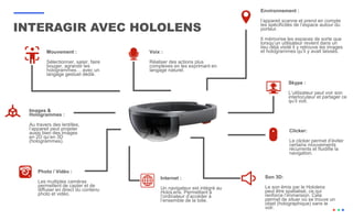 INTERAGIR AVEC HOLOLENS
Mouvement :
Sélectionner, saisir, faire
bouger, agrandir les
hologrammes… avec un
langage gestuel dédié.
Voix :
Réaliser des actions plus
complexes en les exprimant en
langage naturel.
Environnement :
l’appareil scanne et prend en compte
les spécificités de l’espace autour du
porteur.
Il mémorise les espaces de sorte que
lorsqu’un utilisateur revient dans un
lieu déjà visité il y retrouve les images
et hologrammes qu’il y avait laissés.
Photo / Vidéo :
Les multiples caméras
permettent de capter et de
diffuser en direct du contenu
photo et vidéo.
Internet :
Un navigateur est intégré au
HoloLens. Permettant à
l’ordinateur d’accéder à
l’ensemble de la toile.
Skype :
L’utilisateur peut voir son
interlocuteur et partager ce
qu’il voit.
Son 3D:
Le son émis par le Hololens
peut être spatialisé, ce qui
renforce l’immersion. Cela
permet de situer où se trouve un
objet (holographique) sans le
voir.
Images &
Hologrammes :
Au travers des lentilles,
l’appareil peut projeter
aussi bien des images
en 2D qu’en 3D
(hologrammes).
Clicker:
Le clicker permet d’éviter
certains mouvements
récurrents et fluidifie la
navigation.
 