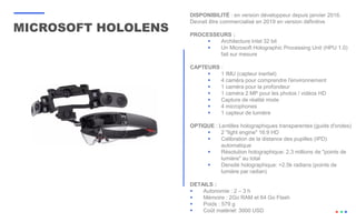 MICROSOFT HOLOLENS
DISPONIBILITÉ : en version développeur depuis janvier 2016.
Devrait être commercialisé en 2019 en version définitive
PROCESSEURS :
 Architecture Intel 32 bit
 Un Microsoft Holographic Processing Unit (HPU 1.0)
fait sur mesure​
CAPTEURS :
 1 IMU (capteur inertiel)
 4 caméra pour comprendre l'environnement
 1 caméra pour la profondeur
 1 caméra 2 MP pour les photos / vidéos HD
 Capture de réalité mixte
 4 microphones
 1 capteur de lumière
OPTIQUE : Lentilles holographiques transparentes (guide d'ondes)
 2 "light engine" 16:9 HD
 Calibration de la distance des pupilles (IPD)
automatique
 Résolution holographique: 2.3 millions de "points de
lumière" au total
 Densité holographique: >2.5k radians (points de
lumière par radian)
DETAILS :
 Autonomie : 2 – 3 h
 Mémoire : 2Go RAM et 64 Go Flash
 Poids : 579 g
 Coût matériel: 3000 USD
 