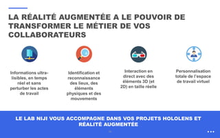 39
LA RÉALITÉ AUGMENTÉE A LE POUVOIR DE
TRANSFORMER LE MÉTIER DE VOS
COLLABORATEURS
Personnalisation
totale de l’espace
de travail virtuel
Informations ultra-
lisibles, en temps
réel et sans
perturber les actes
de travail
Identification et
reconnaissance
des lieux, des
éléments
physiques et des
mouvements
Interaction en
direct avec des
éléments 3D (et
2D) en taille réelle
LE LAB NIJI VOUS ACCOMPAGNE DANS VOS PROJETS HOLOLENS ET
RÉALITÉ AUGMENTÉE
 