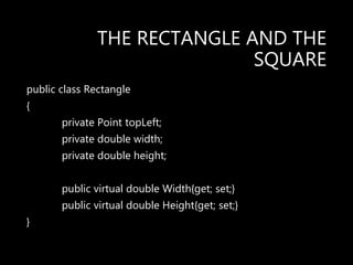 THE RECTANGLE AND THE
SQUARE
public class Rectangle
{
private Point topLeft;
private double width;
private double height;
public virtual double Width{get; set;}
public virtual double Height{get; set;}
}
 