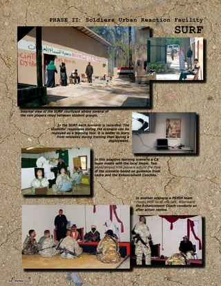 PHASE II: Soldiers Urban Reaction Facility
SURF
Internal view of the SURF courtyard where several of
the role players relax between student groups.
In this adaptive learning scenario a CA
team meets with the local Imam. Two
experienced role players adjust the ﬂow
of the scenario based on guidance from
cadre and the Enhancement Coaches.
In another scenario a PSYOP team
meets with local ofﬁcials. Afterward
the Enhancement Coach conducts an
after action review.
In the SURF each scenario is recorded. The
students’ responses during the scenario can be
replayed as a learning tool. It is better to learn
from mistakes during training than during a
deployment.
32 Veritas
 