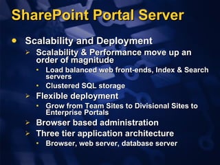 SharePoint Portal Server Scalability and Deployment Scalability & Performance move up an order of magnitude Load balanced web front-ends, Index & Search servers Clustered SQL storage  Flexible deployment  Grow from Team Sites to Divisional Sites to Enterprise Portals Browser based administration Three tier application architecture Browser, web server, database server 