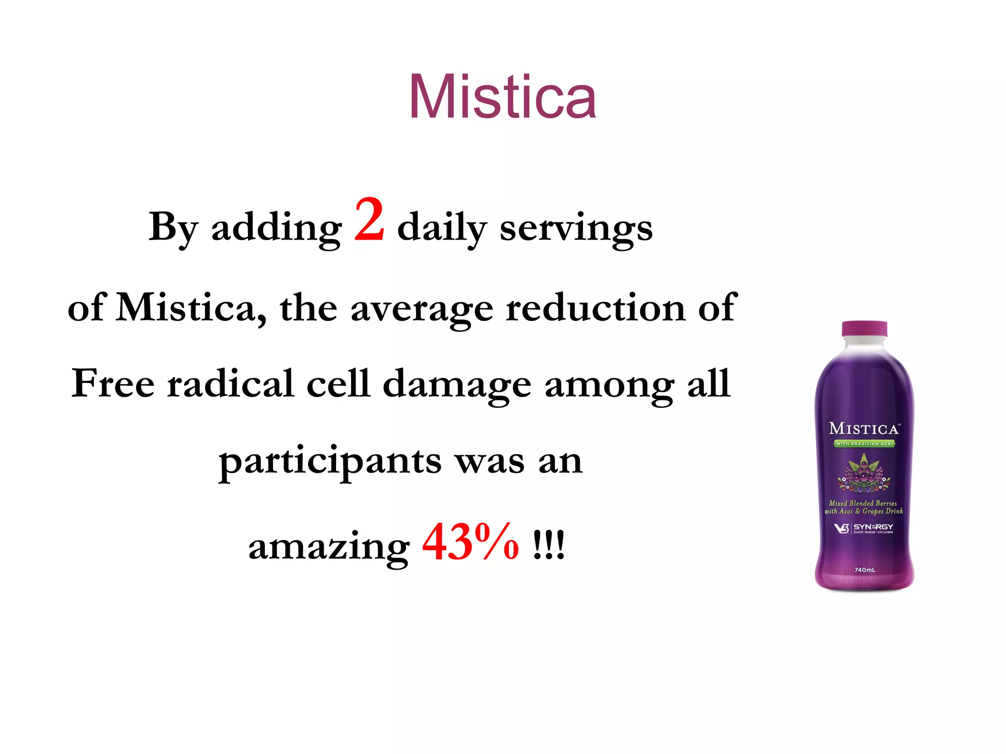 Mistica
    By adding 2 daily servings
of Mistica, the average reduction of
Free radical cell damage among all
        participants was an
         amazing 43% !!!
 