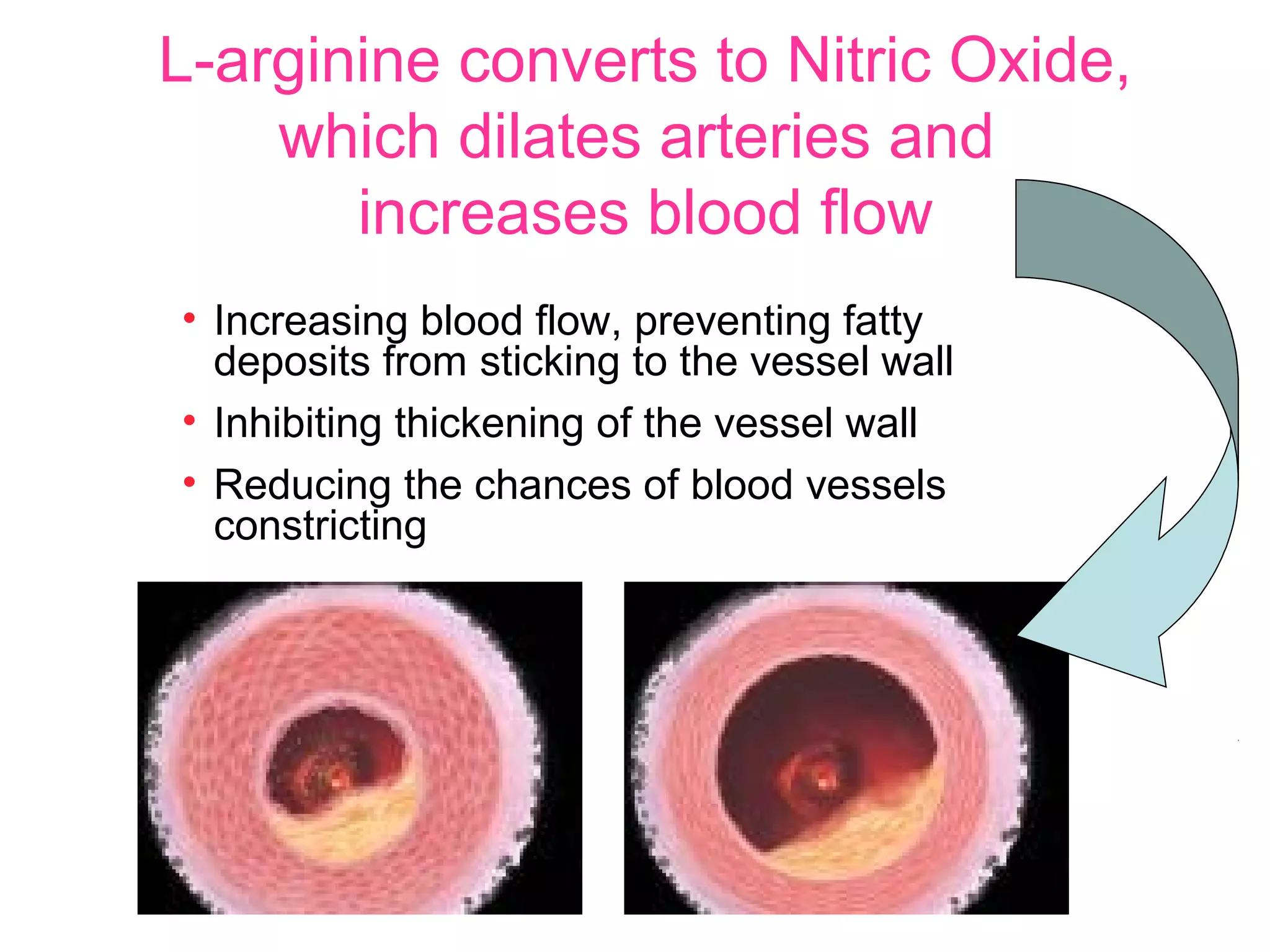 L-arginine converts to Nitric Oxide,
    which dilates arteries and
       increases blood flow
• Increasing blood flow, preventing fatty
  deposits from sticking to the vessel wall
• Inhibiting thickening of the vessel wall
• Reducing the chances of blood vessels
  constricting
 