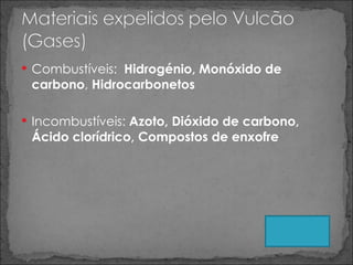 Combustíveis:  Hidrogénio,   Monóxido de carbono ,  Hidrocarbonetos Incombustíveis:  Azoto, Dióxido de carbono,   Ácido clorídrico, Compostos de enxofre 