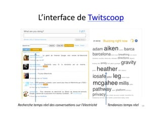 L’interface	
  de	
  Twitscoop	
  




Recherche	
  temps	
  réel	
  des	
  conversa3ons	
  sur	
  l’électricité	
     Tendances	
  temps	
  réel	
     19	
  
 