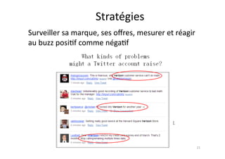 Stratégies	
  
Surveiller	
  sa	
  marque,	
  ses	
  oﬀres,	
  mesurer	
  et	
  réagir	
  
au	
  buzz	
  posi7f	
  comme	
  néga7f	
  




                                                                          21	
  
 