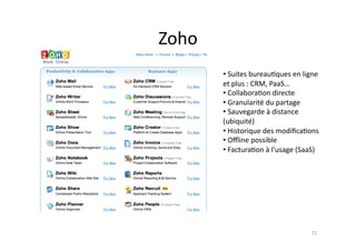 Zoho	
  
           • Suites	
  bureau7ques	
  en	
  ligne	
  
            	
  
           et	
  plus	
  :	
  CRM,	
  PaaS…	
  
           • Collabora7on	
  directe	
  
            	
  
           • Granularité	
  du	
  partage	
  
            	
  
           • Sauvegarde	
  à	
  distance	
  
            	
  
           (ubiquité)	
  
           • Historique	
  des	
  modiﬁca7ons	
  
            	
  
           • Oﬄine	
  possible	
  
            	
  
           • Factura7on	
  à	
  l’usage	
  (SaaS)	
  
            	
  




                                                 72	
  
 