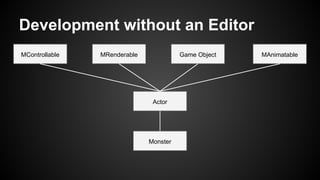 Development without an Editor
Game ObjectMRenderableMControllable MAnimatable
Actor
Monster
 