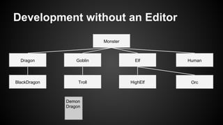 Development without an Editor
Monster
Goblin ElfDragon Human
TrollBlackDragon HighElf Orc
Demon
Dragon
 