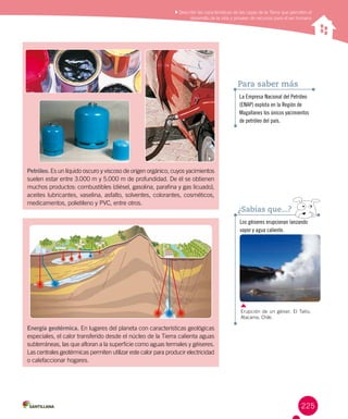 225
Petróleo. Es un líquido oscuro y viscoso de origen orgánico, cuyos yacimientos
suelen estar entre 3.000 m y 5.000 m de profundidad. De él se obtienen
muchos productos: combustibles (diésel, gasolina, parafina y gas licuado),
aceites lubricantes, vaselina, asfalto, solventes, colorantes, cosméticos,
medicamentos, polietileno y PVC, entre otros.
Energía geotérmica. En lugares del planeta con características geológicas
especiales, el calor transferido desde el núcleo de la Tierra calienta aguas
subterráneas, las que afloran a la superficie como aguas termales y géiseres.
Las centrales geotérmicas permiten utilizar este calor para producir electricidad
o calefaccionar hogares.
Los géiseres erupcionan lanzando
vapor y agua caliente.
¿Sabías que...?
La Empresa Nacional del Petróleo
(ENAP) explota en la Región de
Magallanes los únicos yacimientos
de petróleo del país.
Para saber más
Erupción de un géiser. El Tatio,
Atacama, Chile.
Describir las características de las capas de la Tierra que permiten el
desarrollo de la vida y proveen de recursos para el ser humano
 