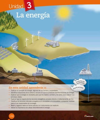3Unidad
La energía
130
En esta unidad aprenderás a:
• Explicar el concepto de energía, algunas de sus formas y propiedades.
• Identificar situaciones de tu entorno cercano en que se producen transformaciones de energía.
• Explicar que la energía es necesaria para que los objetos cambien y los seres vivos realicen sus
procesos vitales.
• Explicar que la mayoría de los recursos energéticos proviene directa o indirectamente del Sol.
• Clasificar los recursos naturales energéticos en renovables y no renovables, y proponer medidas
para el uso responsable de la energía.
• Medir y registrar datos en forma precisa con instrumentos de medición.
• Valorar la importancia de utilizar eficientemente la energía.
130
 