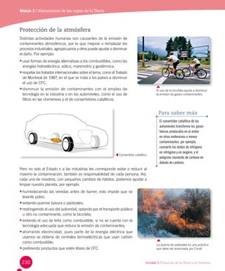230
Módulo 2 / Alteraciones de las capas de laTierra
Protección de la atmósfera
Distintas actividades humanas son causantes de la emisión de
contaminantes atmosféricos, por lo que mejorar o remplazar los
procesos industriales, agropecuarios y otros puede ayudar a disminuir
el daño. Por ejemplo:
•	usar formas de energía alternativas a los combustibles, como las
energías hidroeléctrica, eólica, maremotriz y geotérmica.
•	respetar los tratados internacionales sobre el tema, como el Tratado
de Montreal de 1987, en el que se insta a los países a disminuir
el uso de CFC.
•	disminuir la emisión de contaminantes con el empleo de
tecnología en la industria o en los automóviles, como el uso de
filtros en las chimeneas y el de convertidores catalíticos.
Pero no solo al Estado o a las industrias les corresponde evitar o reducir al
máximo la contaminación, también es responsabilidad de cada persona. Así,
cada uno de nosotros, con pequeños cambios de hábitos, podemos ayudar a
limpiar nuestro planeta, por ejemplo:
•	humedeciendo las veredas antes de barrer; esto impide que se
levante polvo;
•	evitando quemar basura o pastizales;
•	restringiendo el uso del automóvil, optando por el transporte público
u otro no contaminante, como la bicicleta;
•	evitando el uso de leña como combustible, si no se cuenta con la
tecnología adecuada que reduce la emisión de contaminantes;
•	ahorrando electricidad, pues parte de la energía eléctrica que
usamos se obtiene de centrales termoeléctricas que usan carbón
como combustible;
•	prefiriendo productos que estén libres de CFC.
El uso de la bicicleta ayuda a disminuir
la emisión de gases contaminantes.
La quema de pastizales es una práctica
que debe ser autorizada por Conaf.
El convertidor catalítico de los
automóviles transforma los gases
tóxicos producidos en el motor
en otros inofensivos o menos
contaminantes; por ejemplo,
convierte los óxidos de nitrógeno
en nitrógeno y en oxígeno, y el
peligroso monóxido de carbono en
dióxido de carbono.
Para saber más
Convertidor catalítico
Unidad 5 / Ciencias de la Tierra y el Universo
 