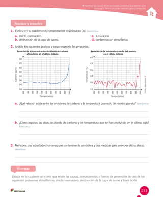 231
1.	Escribe en tu cuaderno los contaminantes responsables de: Identificar
a.	 efecto invernadero.	 c.	 lluvia ácida.
b.	 destrucción de la capa de ozono.	 d.	contaminación atmosférica.
2.	Analiza los siguientes gráficos y luego responde las preguntas.
a.	 ¿Qué relación existe entre las emisiones de carbono y la temperatura promedio de nuestro planeta? Interpretar
b.	 ¿Cómo explicas las alzas de dióxido de carbono y de temperatura que se han producido en el último siglo?
Relacionar
3.	Menciona dos actividades humanas que contaminen la atmósfera y dos medidas para aminorar dicho efecto.
Identificar
Identificar las causas de los principales problemas que afectan a las
capas de la Tierra y proponer medidas para su protección
Practica y resuelve
Dibuja en tu cuaderno un cómic que relate las causas, consecuencias y formas de prevención de uno de los
siguientes problemas atmosféricos: efecto invernadero, destrucción de la capa de ozono y lluvia ácida.
Sintetiza
Variación de la concentración de dióxido de carbono
atmosférico en el último milenio
Carbono(ppm)
250
270
290
310
330
350
370
390
1100
1200
1300
1400
1500
1600
1700
1800
1900
2000
1000
Tiempo (años)
Variación de la temperatura media del planeta
en el último milenio
Temperatura(°C)
13.5
13.7
13.9
14.1
14.3
14.5
1100
1200
1300
1400
1500
1600
1700
1800
1900
2000
1000
Tiempo (años)
Fuente:www.mineduc.cl
 