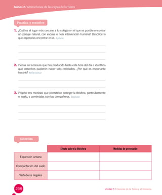 238
Módulo 2 / Alteraciones de las capas de laTierra
1.	¿Cuál es el lugar más cercano a tu colegio en el que es posible encontrar
un paisaje natural, con escasa o nula intervención humana? Describe lo
que esperarías encontrar en él. Aplicar
2.	Piensa en la basura que has producido hasta esta hora del día e identifica
qué desechos pudieron haber sido reciclados. ¿Por qué es importante
hacerlo? Reflexionar
3.	Propón tres medidas que permitirían proteger la litósfera, particularmente
el suelo, y coméntalas con tus compañeros. Explicar
Practica y resuelve
Sintetiza
Unidad 5 / Ciencias de la Tierra y el Universo
Efecto sobre la litósfera Medidas de protección
Expansión urbana
Compactación del suelo
Vertederos ilegales
 