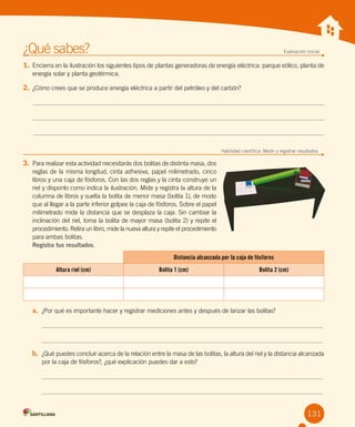 Unidad 1
131
¿Qué sabes?	 Evaluación inicial
1.	Encierra en la ilustración los siguientes tipos de plantas generadoras de energía eléctrica: parque eólico, planta de
energía solar y planta geotérmica.
2.	¿Cómo crees que se produce energía eléctrica a partir del petróleo y del carbón?
Habilidad científica: Medir y registrar resultados
3.	Para realizar esta actividad necesitarás dos bolitas de distinta masa, dos
reglas de la misma longitud, cinta adhesiva, papel milimetrado, cinco
libros y una caja de fósforos. Con las dos reglas y la cinta construye un
riel y disponlo como indica la ilustración. Mide y registra la altura de la
columna de libros y suelta la bolita de menor masa (bolita 1), de modo
que al llegar a la parte inferior golpee la caja de fósforos. Sobre el papel
milimetrado mide la distancia que se desplaza la caja. Sin cambiar la
inclinación del riel, toma la bolita de mayor masa (bolita 2) y repite el
procedimiento. Retira un libro, mide la nueva altura y repite el procedimiento
para ambas bolitas.
Registra tus resultados.
Distancia alcanzada por la caja de fósforos
Altura riel (cm) Bolita 1 (cm) Bolita 2 (cm)
a.	 ¿Por qué es importante hacer y registrar mediciones antes y después de lanzar las bolitas?
b.	 ¿Qué puedes concluir acerca de la relación entre la masa de las bolitas, la altura del riel y la distancia alcanzada
por la caja de fósforos?, ¿qué explicación puedes dar a esto?
 