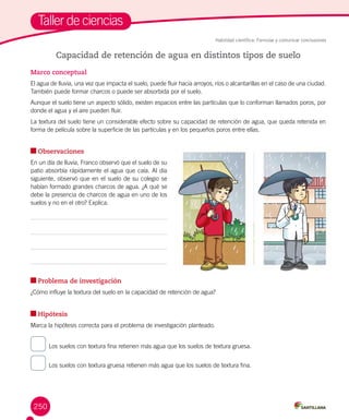 250
Marco conceptual
El agua de lluvia, una vez que impacta el suelo, puede fluir hacia arroyos, ríos o alcantarillas en el caso de una ciudad.
También puede formar charcos o puede ser absorbida por el suelo.
Aunque el suelo tiene un aspecto sólido, existen espacios entre las partículas que lo conforman llamados poros, por
donde el agua y el aire pueden fluir.
La textura del suelo tiene un considerable efecto sobre su capacidad de retención de agua, que queda retenida en
forma de película sobre la superficie de las partículas y en los pequeños poros entre ellas.
Observaciones
En un día de lluvia, Franco observó que el suelo de su
patio absorbía rápidamente el agua que caía. Al día
siguiente, observó que en el suelo de su colegio se
habían formado grandes charcos de agua. ¿A qué se
debe la presencia de charcos de agua en uno de los
suelos y no en el otro? Explica.
Problema de investigación
¿Cómo influye la textura del suelo en la capacidad de retención de agua?
Hipótesis
Marca la hipótesis correcta para el problema de investigación planteado.
	
Los suelos con textura fina retienen más agua que los suelos de textura gruesa.
	
Los suelos con textura gruesa retienen más agua que los suelos de textura fina.
Capacidad de retención de agua en distintos tipos de suelo
Taller de ciencias
Habilidad científica: Formular y comunicar conclusiones
 