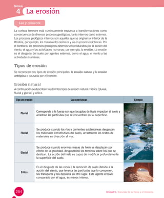 La corteza terrestre está continuamente expuesta a transformaciones como
consecuencia de diversos procesos geológicos, tanto internos como externos.
Los procesos geológicos internos son aquellos que se originan al interior de la
litósfera, por ejemplo, los movimientos sísmicos y las erupciones volcánicas. Por
el contrario, los procesos geológicos externos son producidos por la acción del
viento, el agua y las actividades humanas; por ejemplo, la erosión. La erosión
es el desgaste del suelo por agentes externos, como el agua, el viento y las
actividades humanas.
Tipos de erosión
Se reconocen dos tipos de erosión principales: la erosión natural y la erosión
antrópica o causada por el hombre.
Erosión natural
A continuación se describen los distintos tipos de erosión natural: hídrica (pluvial,
fluvial y glacial) y eólica.
4 La erosión
Módulo
Lee y comenta
Unidad 5 / Ciencias de la Tierra y el Universo254
Tipo de erosión Características Ejemplo
Pluvial
Corresponde a la fuerza con que las gotas de lluvia impactan el suelo y
arrastran las partículas que se encuentran en su superficie.
Fluvial
Se produce cuando los ríos y corrientes subterráneas desgastan
los materiales constitutivos del suelo, arrastrando los restos de
materiales en dirección al mar.
Glacial
Se produce cuando enormes masas de hielo se desplazan por
efecto de la gravedad, desgastando los terrenos sobre los que se
deslizan. La acción del hielo es capaz de modificar profundamente
la superficie del suelo.
Eólica
Es el desgaste de las rocas o la remoción de suelo debido a la
acción del viento, que levanta las partículas que lo componen,
las transporta y las deposita en otro lugar. Este agente erosivo,
comparado con el agua, es menos intenso.
 