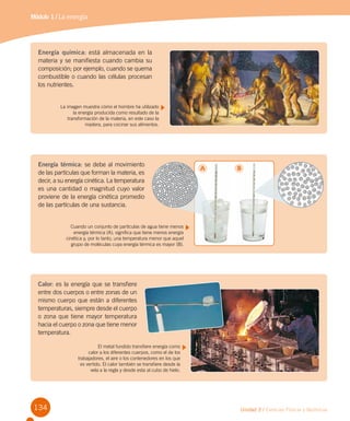 134 Unidad 3 / Ciencias Físicas y Químicas
Módulo 1 / La energía
Energía química: está almacenada en la
materia y se manifiesta cuando cambia su
composición; por ejemplo, cuando se quema
combustible o cuando las células procesan
los nutrientes.
La imagen muestra cómo el hombre ha utilizado
la energía producida como resultado de la
transformación de la materia, en este caso la
madera, para cocinar sus alimentos.
Energía térmica: se debe al movimiento
de las partículas que forman la materia, es
decir, a su energía cinética. La temperatura
es una cantidad o magnitud cuyo valor
proviene de la energía cinética promedio
de las partículas de una sustancia.
Cuando un conjunto de partículas de agua tiene menos
energía térmica (A), significa que tiene menos energía
cinética y, por lo tanto, una temperatura menor que aquel
grupo de moléculas cuya energía térmica es mayor (B).
Calor: es la energía que se transfiere
entre dos cuerpos o entre zonas de un
mismo cuerpo que están a diferentes
temperaturas, siempre desde el cuerpo
o zona que tiene mayor temperatura
hacia el cuerpo o zona que tiene menor
temperatura.
El metal fundido transfiere energía como
calor a los diferentes cuerpos, como el de los
trabajadores, el aire o los contenedores en los que
es vertido. El calor también se transfiere desde la
vela a la regla y desde esta al cubo de hielo.
A	 B
 