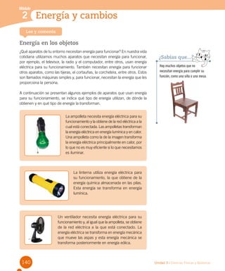 140 Unidad 3 / Ciencias Físicas y Químicas
Módulo
Energía y cambios2
Lee y comenta
Energía en los objetos
¿Qué aparatos de tu entorno necesitan energía para funcionar? En nuestra vida
cotidiana utilizamos muchos aparatos que necesitan energía para funcionar,
por ejemplo, el televisor, la radio y el computador, entre otros, usan energía
eléctrica para su funcionamiento. También necesitan energía para funcionar
otros aparatos, como las tijeras, el cortauñas, la corchetera, entre otros. Estos
son llamados máquinas simples y, para funcionar, necesitan la energía que les
proporciona la persona.
A continuación se presentan algunos ejemplos de aparatos que usan energía
para su funcionamiento, se indica qué tipo de energía utilizan, de dónde la
obtienen y en qué tipo de energía la transforman.
Hay muchos objetos que no
necesitan energía para cumplir su
función, como una silla o una mesa.
¿Sabías que...?
La ampolleta necesita energía eléctrica para su
funcionamiento y la obtiene de la red eléctrica a la
cual está conectada. Las ampolletas transforman
la energía eléctrica en energía lumínica y en calor.
Una ampolleta como la de la imagen transforma
la energía eléctrica principalmente en calor, por
lo que no es muy eficiente si lo que necesitamos
es iluminar.
La linterna utiliza energía eléctrica para
su funcionamiento, la que obtiene de la
energía química almacenada en las pilas.	
Esta energía se transforma en energía
lumínica.
Un ventilador necesita energía eléctrica para su
funcionamiento y, al igual que la ampolleta, se obtiene
de la red eléctrica a la que está conectado. La
energía eléctrica se transforma en energía mecánica
que mueve las aspas y esta energía mecánica se
transforma posteriormente en energía eólica.
 