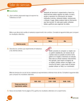 148
Resultados
1.	¿Qué cambios observaste luego de exponer los 	
malvaviscos al Sol?
Mide a qué altura de la varilla el malvavisco experimentó más cambios. Completa la siguiente tabla para comparar
los resultados obtenidos.
Altura (cm)
Baja Media Alta
Nivel de cocción
2.	Describe los cambios que experimentó el malvavisco 	
a las distintas alturas.
Mide los tiempos de cocción de los malvaviscos exponiéndolos a distintas horas del día. Completa la siguiente tabla
para comparar los resultados obtenidos.
Hora del día
9:00 – 9:30 12:30 – 13:00 16:00 – 16:30
Tiempo que demoró en
experimentar cambios
3.	Busca el recortable 4 de la página 273 y grafica los resultados obtenidos en tu experimento.
Taller de ciencias
Después de terminar tu experimento y hacer tus
observaciones debes registrar los datos, es decir,
anotar y reproducir la información de manera
ordenada y precisa, utilizando tablas, ilustraciones
o dibujos. Luego, debes analizar toda la información
que has reunido. En este paso suelen utilizarse
tablas y gráficos para organizar los datos.
Medir consiste en comparar un objeto con
un patrón establecido, de manera de ver
cuántas veces es posible encontrar dicho
patrón en el objeto o fenómeno en estudio.
Para esto se utilizan diversos instrumentos.
Por ejemplo, para medir la longitud de
un objeto, puedes utilizar una regla o una
huincha de medir, y para medir el tiempo
puedes utilizar un reloj o un cronómetro.
 