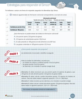 Unidad 3
Estrategias para responder el SimceMR
¿Cómo puedo responder esta pregunta?
Lee atentamente el enunciado e identifica la pregunta.
Antes de analizar las alternativas, recuerda que:
–	 los hidratos de carbono y proteínas aportan 4 kcal por gramo;
–	 las grasas aportan 9 kcal por gramo;
–	 las vitaminas y los minerales no aportan energía (kcal).
Alternativa A: debes reconocer que una porción aporta 3,3 gramos de grasas y que
100 gramos de este alimento aportan 13,6 gramos de grasas totales.
Alternativa B: debes calcular cuántas kilocalorías aportan 17,4 gramos de hidratos de
carbono. Para esto debes realizar la siguiente operación: 17,4 x 4 = 69,6 kcal.
Alternativa C: debes recordar que las vitaminas y los minerales no aportan energía.
Alternativa D: debes calcular cuántas kilocalorías aportan 13,6 gramos de grasas. Para esto
debes realizar la siguiente operación: 13,6 x 9 = 122,4 kcal.
PASO 1
PASO 3
PASO 2
Por lo tanto, la respuesta correcta es la alternativa D.
1
Te invitamos a revisar una forma de responder preguntas de alternativas tipo Simce.
Analiza la siguiente tabla de información nutricional correspondiente a una barra de cereal.  
Información nutricional
Tamaño de la porción: 24 g (1 barra) Porciones por envase: 1
Energía
(kcal)
Proteínas
(g)
Grasas
(g)
Hidratos de
carbono (g)
Sodio
(mg)
Calcio
(mg)
Cantidad por porción (24 g) 104,5 1,3 3,3 17,4 75 85
Cantidad por 100 gramos 434 5,3 13,6 72,6 307 355
¿Qué información es posible extraer de la tabla de información nutricional?
A.	Una porción aporta 13,6 gramos de grasas.
B.	17,4 gramos de carbohidratos aportan 156,6 kcal.
C.	El sodio presente en 100 gramos de este alimento es de 307 kcal.
D.	Las grasas contenidas en 100 gramos aportan 122,4 kcal.
161Simce es marca registrada del Ministerio de Educación.
 