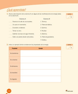 ¿Qué aprendiste?
162
puntos
5
puntos
6
1.	Asocia cada situación de la columna A con alguna de las manifestaciones de energía dadas
en la columna B.
Columna A Columna B
Pararse en lo alto de una escalera.   1. Térmica.
Un auto en movimiento.   2. Potencial elástica.
Encender un televisor.   3. Química.
Tensar un arco.   4. Nuclear.
Calentar una taza con agua hirviendo.   5. Eléctrica.
Soltar una piedra desde cierta altura.   6. Potencial gravitatoria.
7. Cinética.
2.	Indica un ejemplo donde se evidencien las propiedades de la energía.
Propiedad Ejemplo
Se transforma
Se conserva
Se almacena
Se transfiere
Se degrada
 