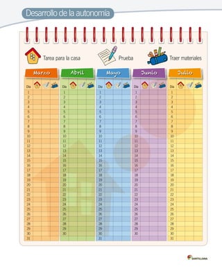 Desarrollo de la autonomía
Día
1
2
3
4
5
6
7
8
9
10
11
12
13
14
15
16
17
18
19
20
21
22
23
24
25
26
27
28
29
30
31
Marzo
Día
1
2
3
4
5
6
7
8
9
10
11
12
13
14
15
16
17
18
19
20
21
22
23
24
25
26
27
28
29
30
Abril
Día
1
2
3
4
5
6
7
8
9
10
11
12
13
14
15
16
17
18
19
20
21
22
23
24
25
26
27
28
29
30
31
Mayo
Día
1
2
3
4
5
6
7
8
9
10
11
12
13
14
15
16
17
18
19
20
21
22
23
24
25
26
27
28
29
30
Junio
Día
1
2
3
4
5
6
7
8
9
10
11
12
13
14
15
16
17
18
19
20
21
22
23
24
25
26
27
28
29
30
31
Julio
Prueba Traer materialesTarea para la casa
 