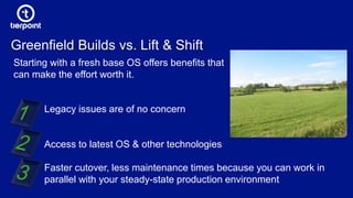 Greenfield Builds vs. Lift & Shift
Starting with a fresh base OS offers benefits that
can make the effort worth it.
Legacy issues are of no concern
Access to latest OS & other technologies
Faster cutover, less maintenance times because you can work in
parallel with your steady-state production environment
 