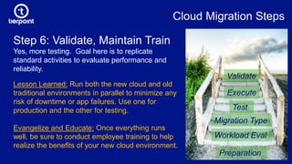 Cloud Migration Steps
Preparation
Workload Eval
Migration Type
Test
Execute
Step 6: Validate, Maintain Train
Yes, more testing. Goal here is to replicate
standard activities to evaluate performance and
reliability.
Validate
Lesson Learned: Run both the new cloud and old
traditional environments in parallel to minimize any
risk of downtime or app failures. Use one for
production and the other for testing.
Evangelize and Educate: Once everything runs
well, be sure to conduct employee training to help
realize the benefits of your new cloud environment.
 