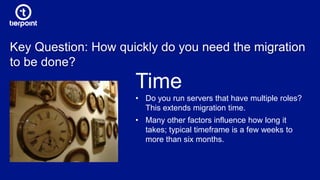 Key Question: How quickly do you need the migration
to be done?
Time
• Do you run servers that have multiple roles?
This extends migration time.
• Many other factors influence how long it
takes; typical timeframe is a few weeks to
more than six months.
 